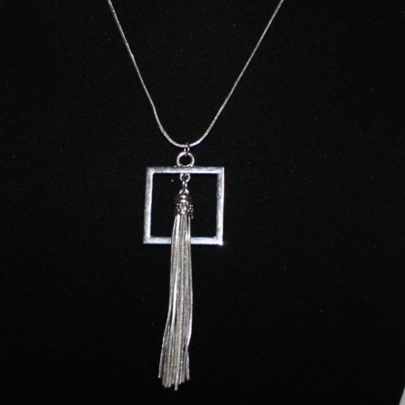 Long silver tassel necklace 28"